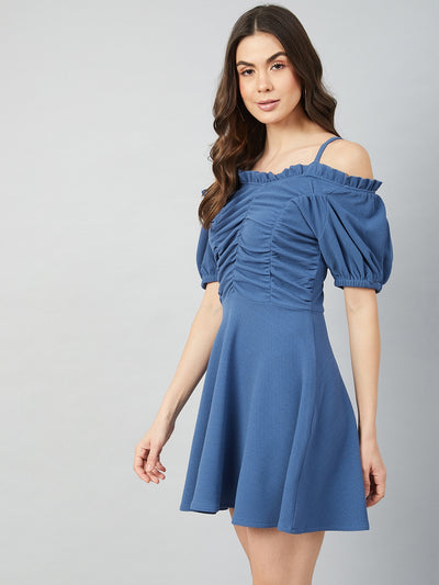 Athena Women Blue Off-Shoulder Ruched Dress - Athena Lifestyle