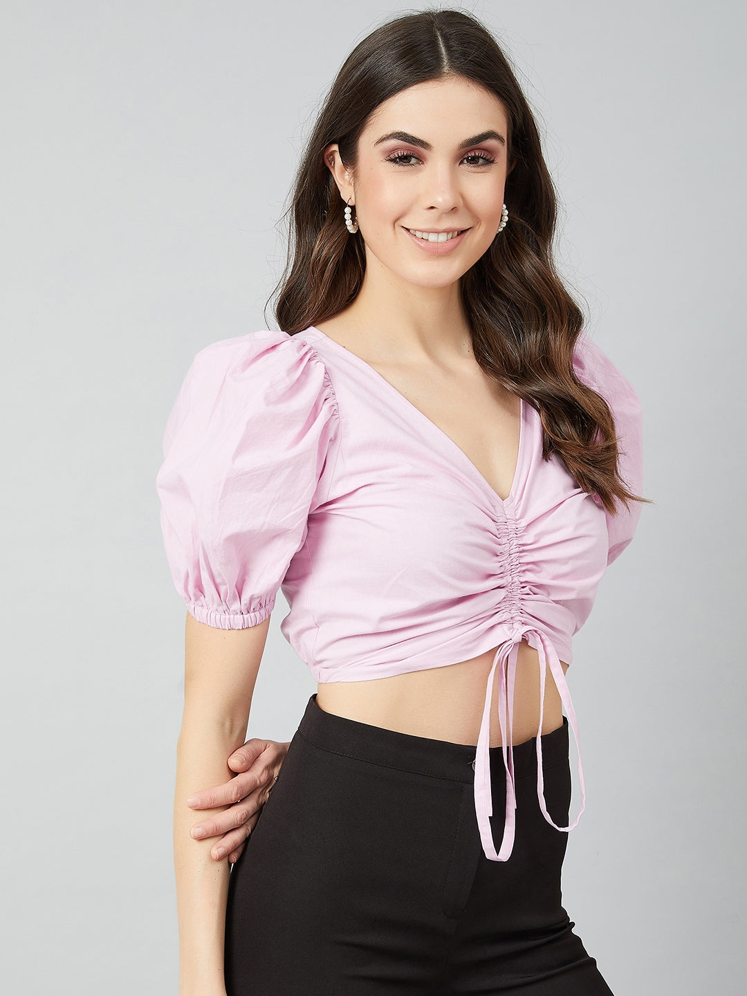 Athena Lavender Puff Sleeves Pure Cotton Fitted Crop Top - Athena Lifestyle