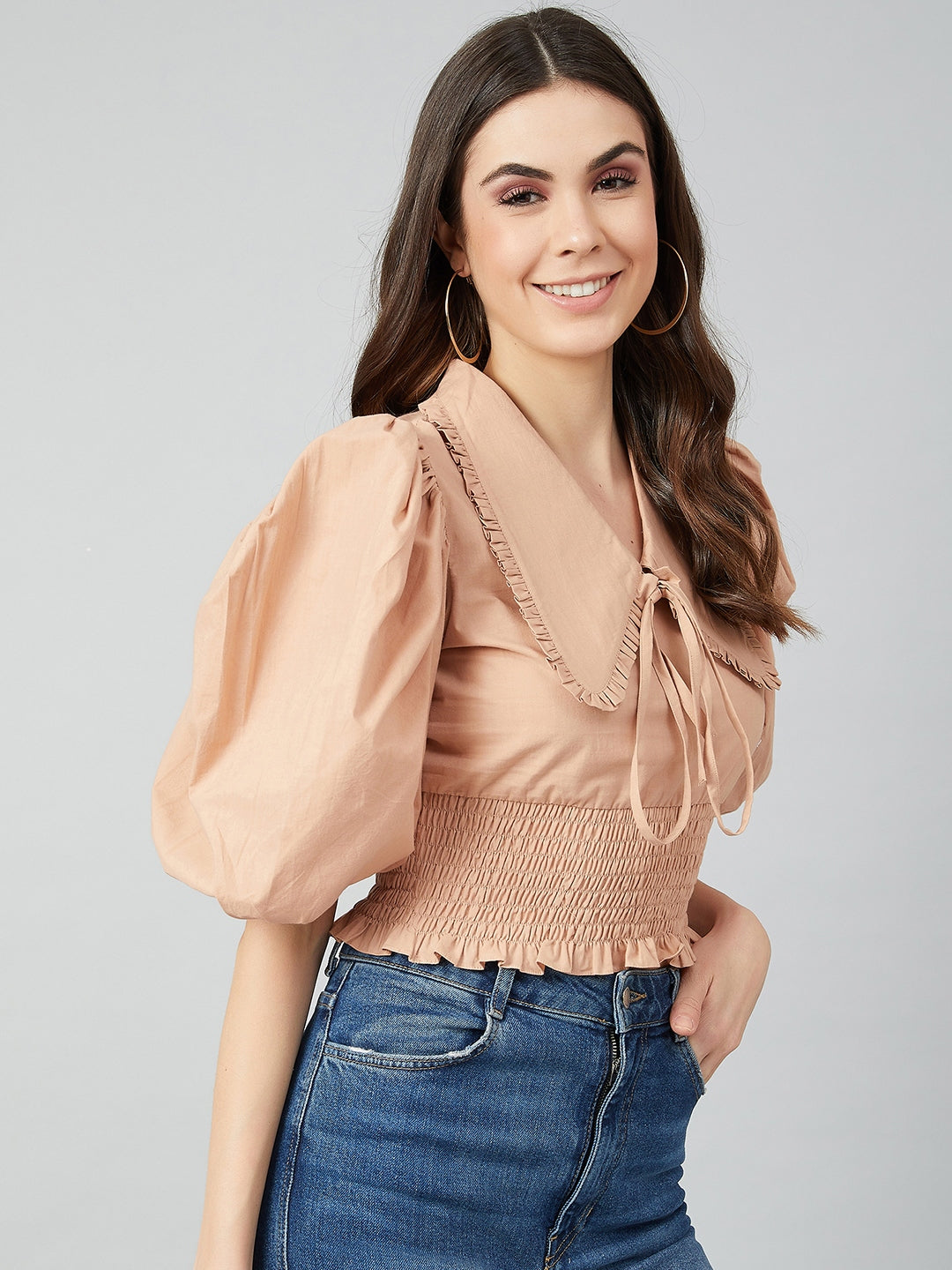 Athena Beige-Coloured Tie-Up Neck Puff Sleeves Pure Cotton Fitted Top - Athena Lifestyle