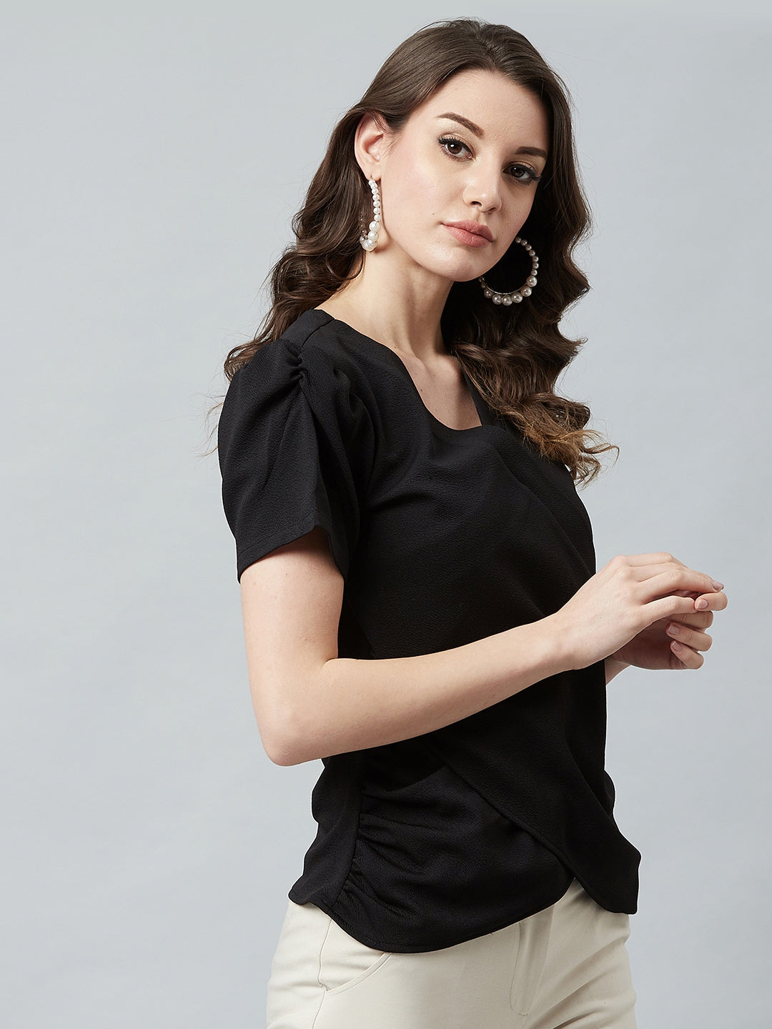Athena Black Wrap Top With Puffed Sleeves - Athena Lifestyle