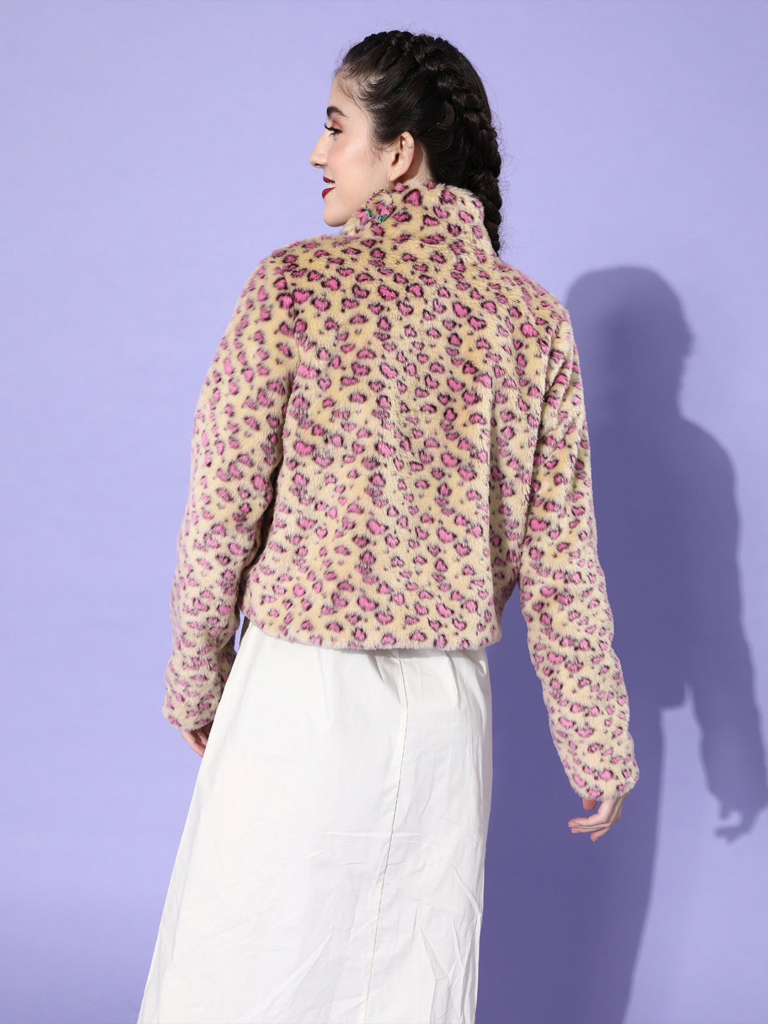 Athena Beige-pink Animal printed Faux Fur Crop Coat with pocket detail - Athena Lifestyle