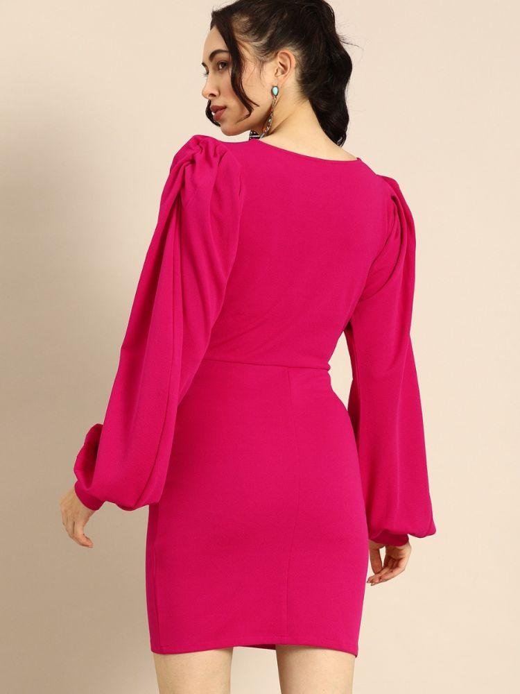 Athena Fuchsia Pink dress with Balloon puff sleeves - Athena Lifestyle