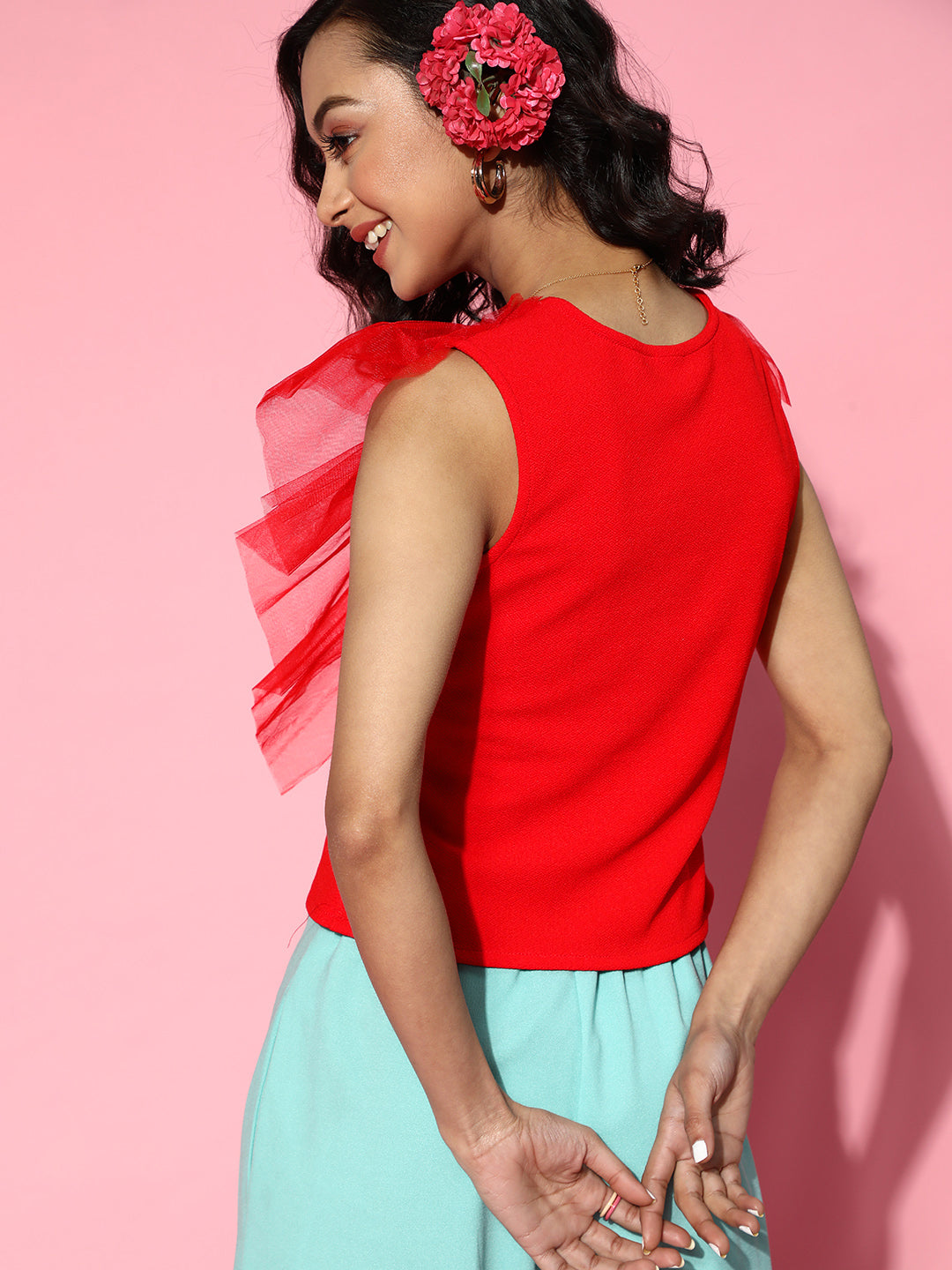 Athena Red sleeveless V neck detail tulle top - Athena Lifestyle