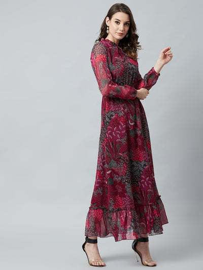 Athena Maroon Floral Printed Maxi Dress - Athena Lifestyle