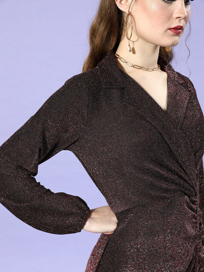 Athena Maroon Lapel Collar Blingy Dress - Athena Lifestyle