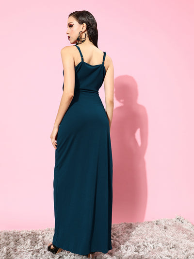 Athena Teal Blue Side Gathered Maxi Dress - Athena Lifestyle