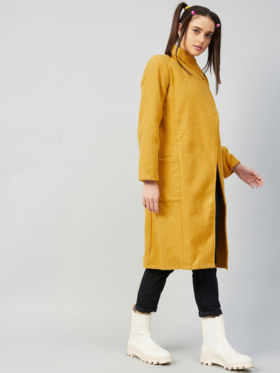 Athena Women Mustard Yellow Solid Woolen Pea Coat - Athena Lifestyle