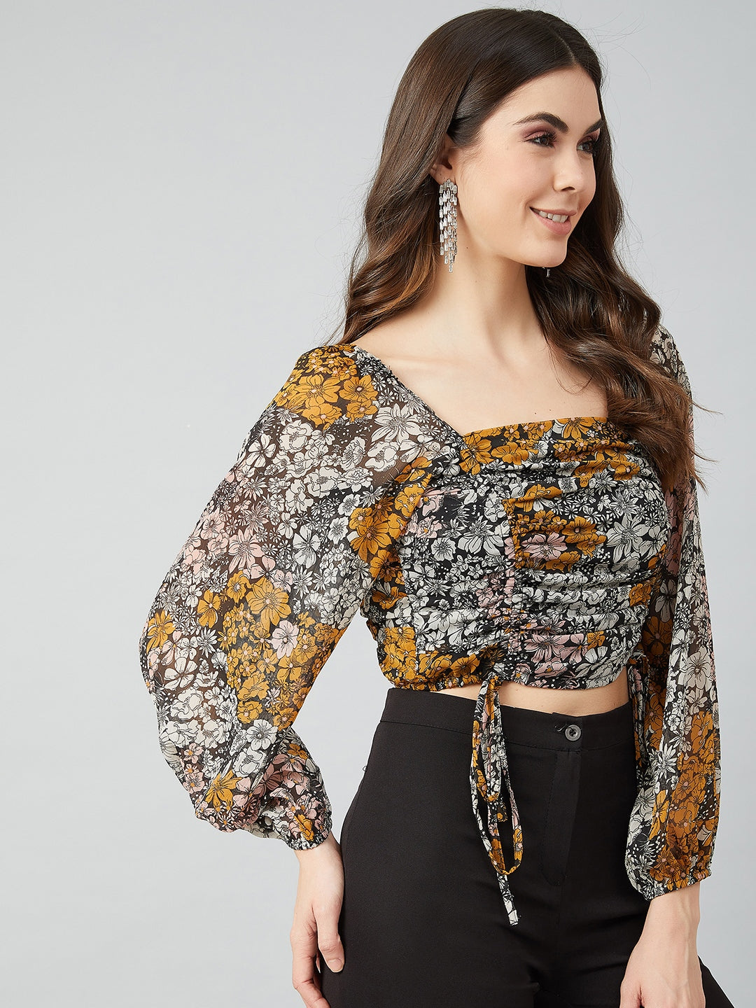 トップス 808 Athena Black Floral Printed Puff Sleeves Smocked Georgette Regular