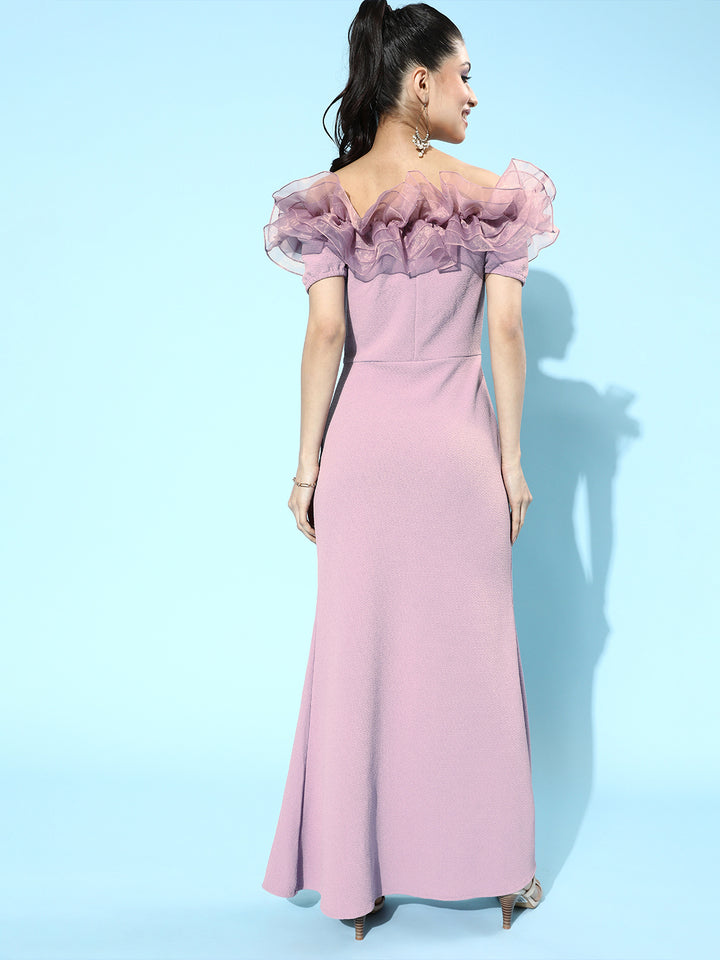 Athena Lavender Scuba Bodycon Maxi Tulle Dress with Ruffled Shoulder –