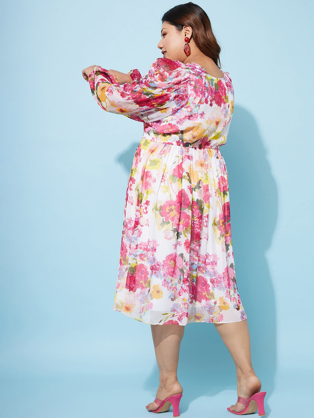 Athena Ample Plus Size Floral Print Puff Sleeve Chiffon Fit & Flare Midi Dress - Athena Lifestyle