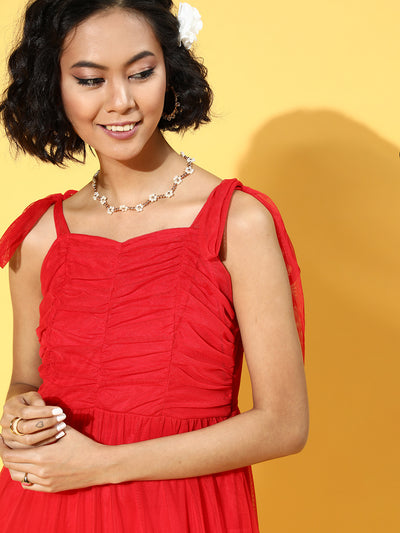 Athena Red ruffle tulle dress with straps and ruched yoke - Athena Lifestyle