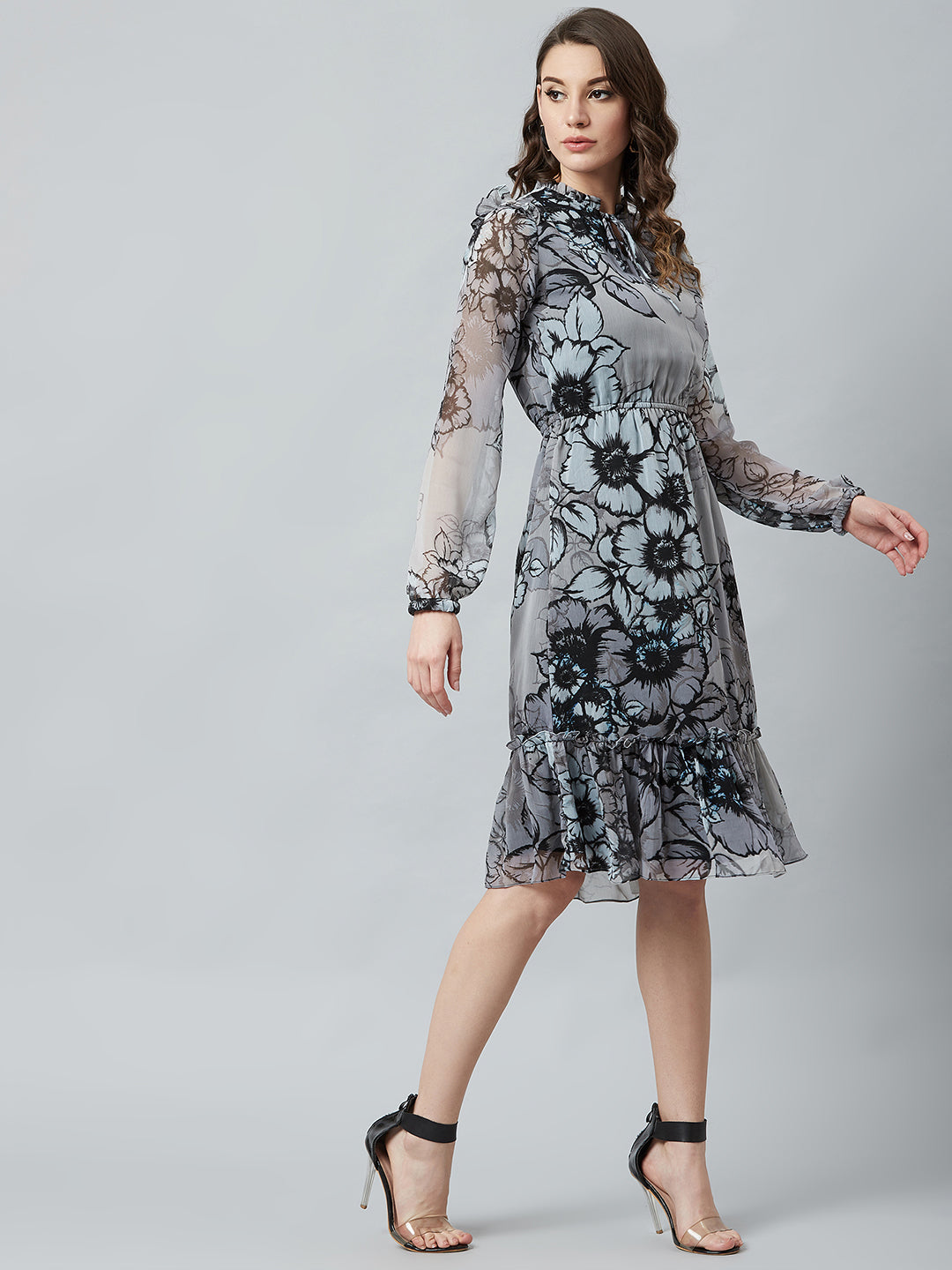 Athena Grey Floral Printed Fit and Flare Dress - Athena Lifestyle