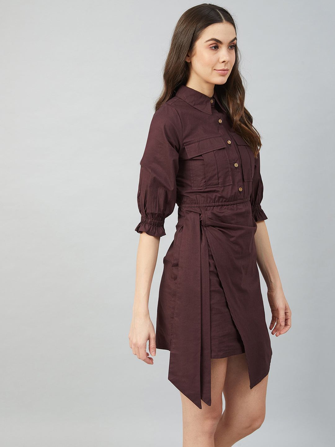 Athena Women Brown Cotton Wrap Dress with Front Pocket Detail - Athena Lifestyle