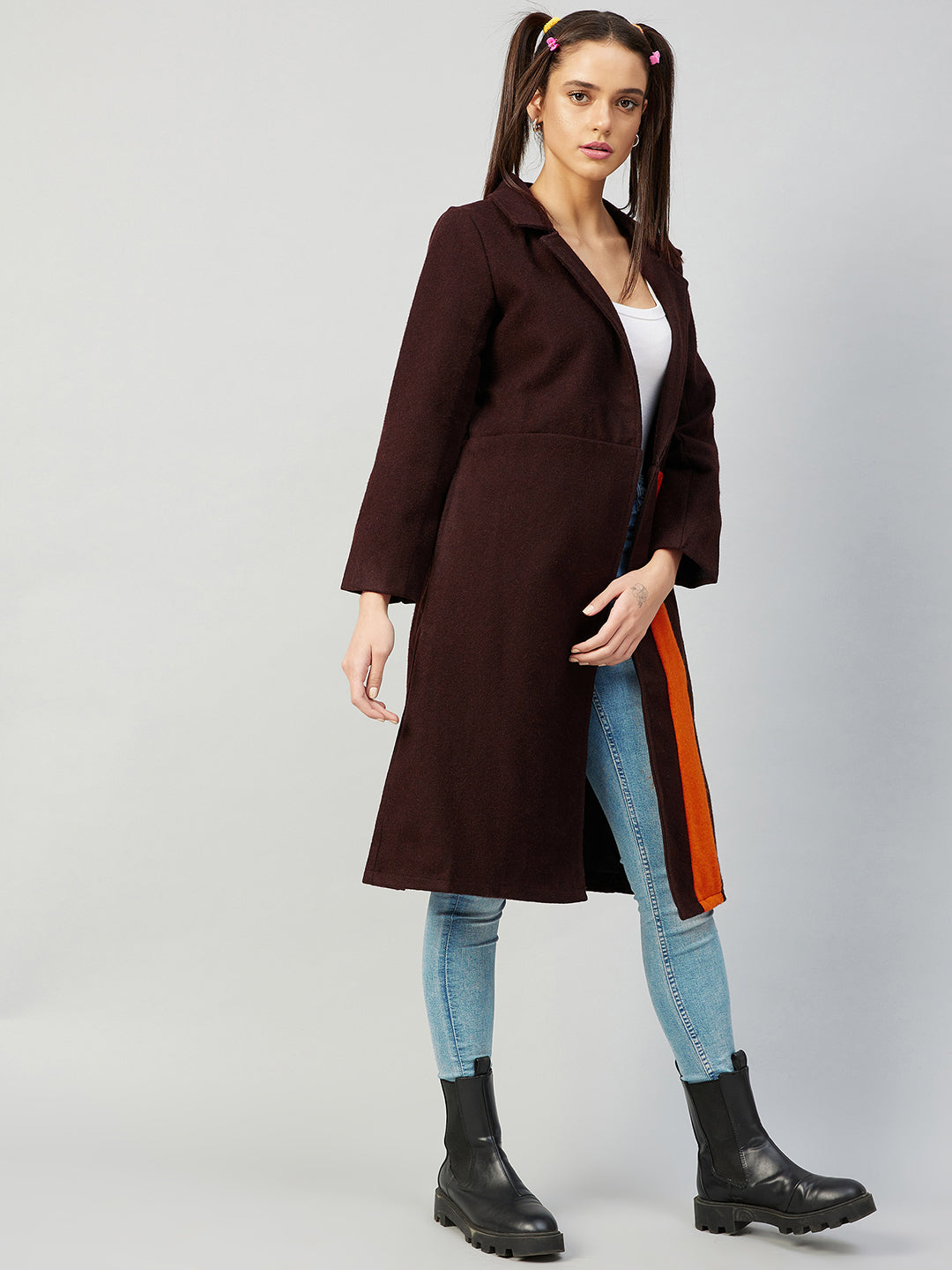 Athena Women Brown Solid Single-Breasted Longline Casual Pea Coat - Athena Lifestyle