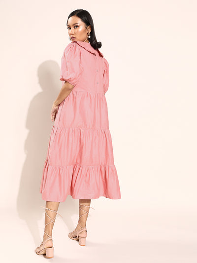 Athena Women Pretty Pink Solid Above The Keyboard Collar Dress - Athena Lifestyle