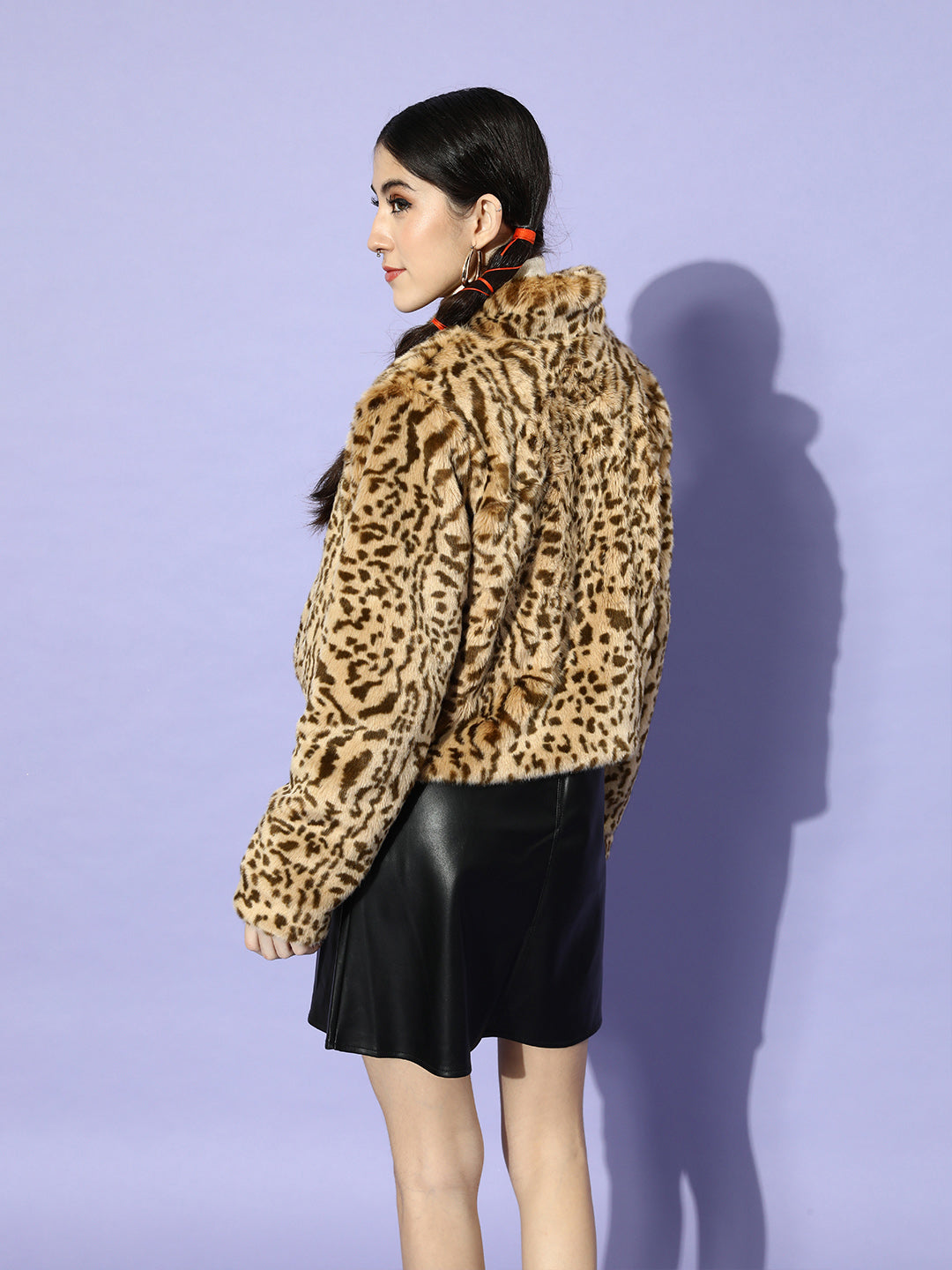 Athena Tan-olive Animal print Faux Fur Crop Coat with pocket detail - Athena Lifestyle