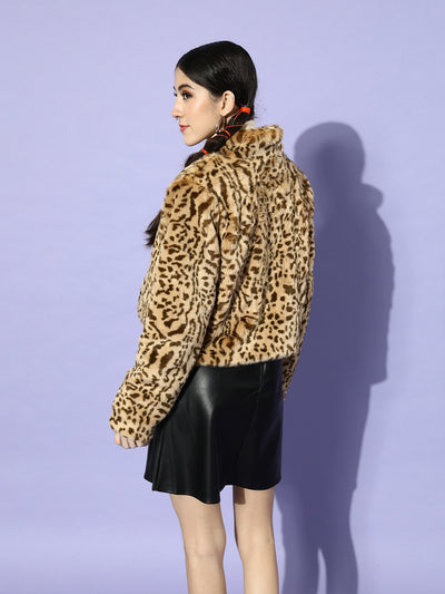 Athena Tan-olive Animal print Faux Fur Crop Coat with pocket detail - Athena Lifestyle