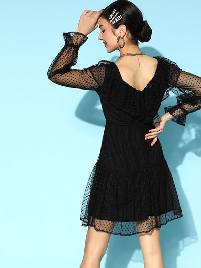Athena Black frill tulle dress with full sleeves - Athena Lifestyle