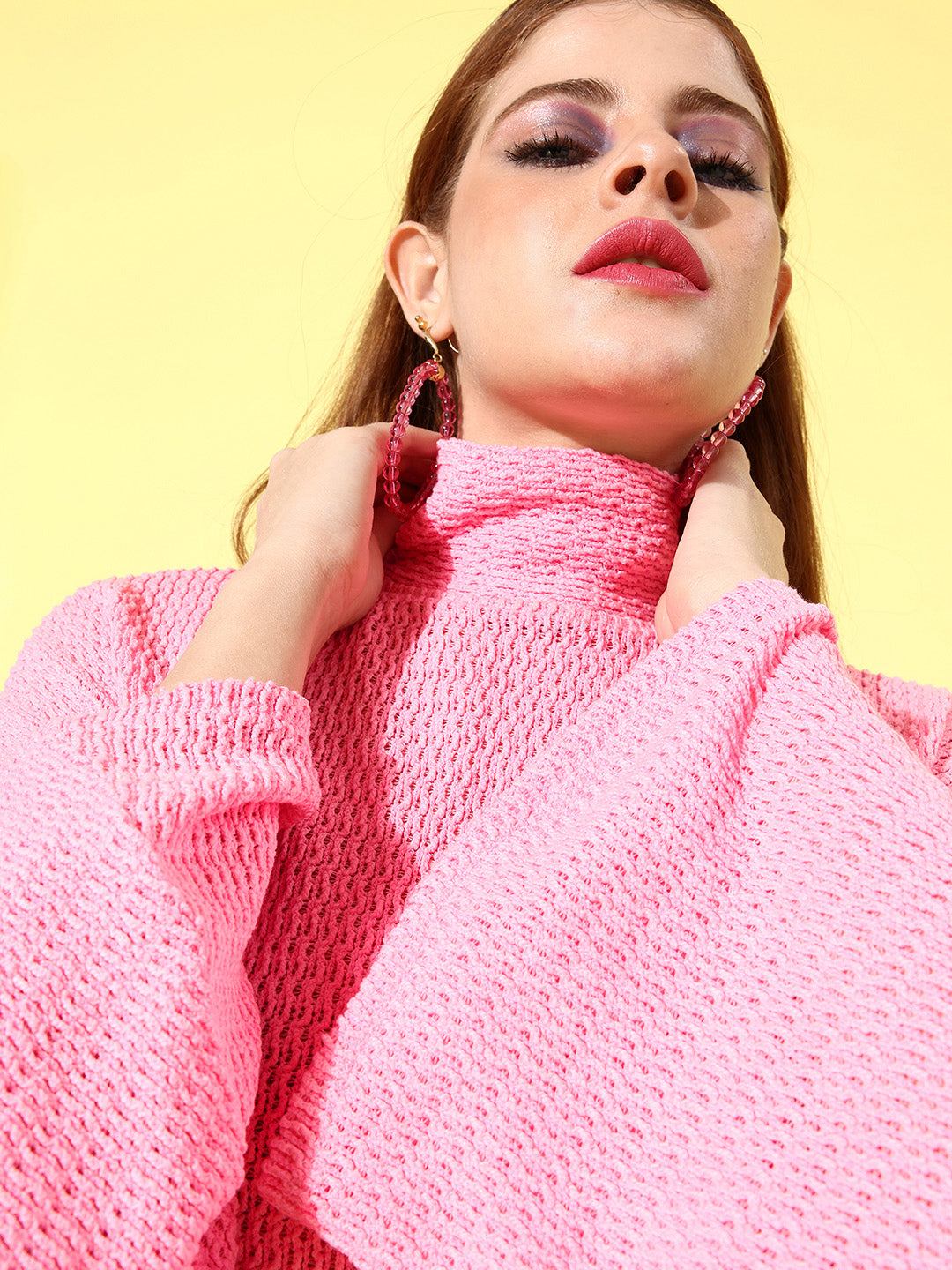 Athena Women Pink Woollen Pullover with Fuzzy Detail - Athena Lifestyle