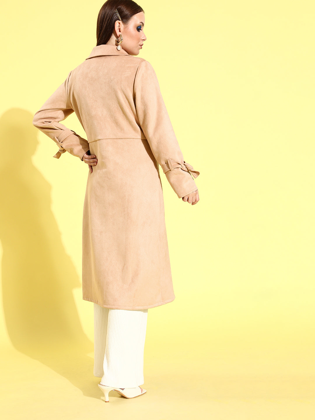 Athena Beige Suede trench coat with sleeve band and patch pocket details - Athena Lifestyle