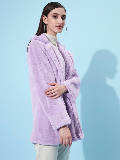 Athena Women Lavender-Colored Solid Fur Overcoat - Athena Lifestyle