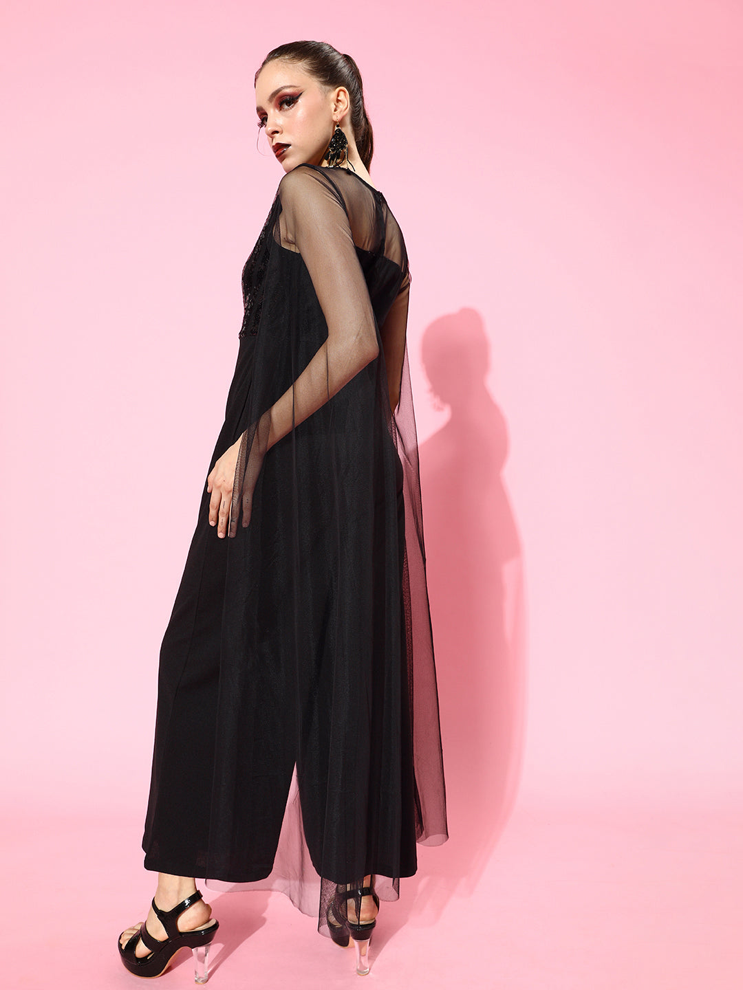 Athena Black Cape Sleeves Basic Jumpsuit with Embellished - Athena Lifestyle