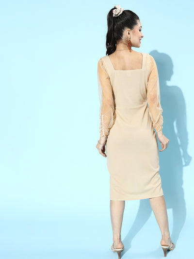 Athena Women Classy Beige Self Design Tulle Dress - Athena Lifestyle