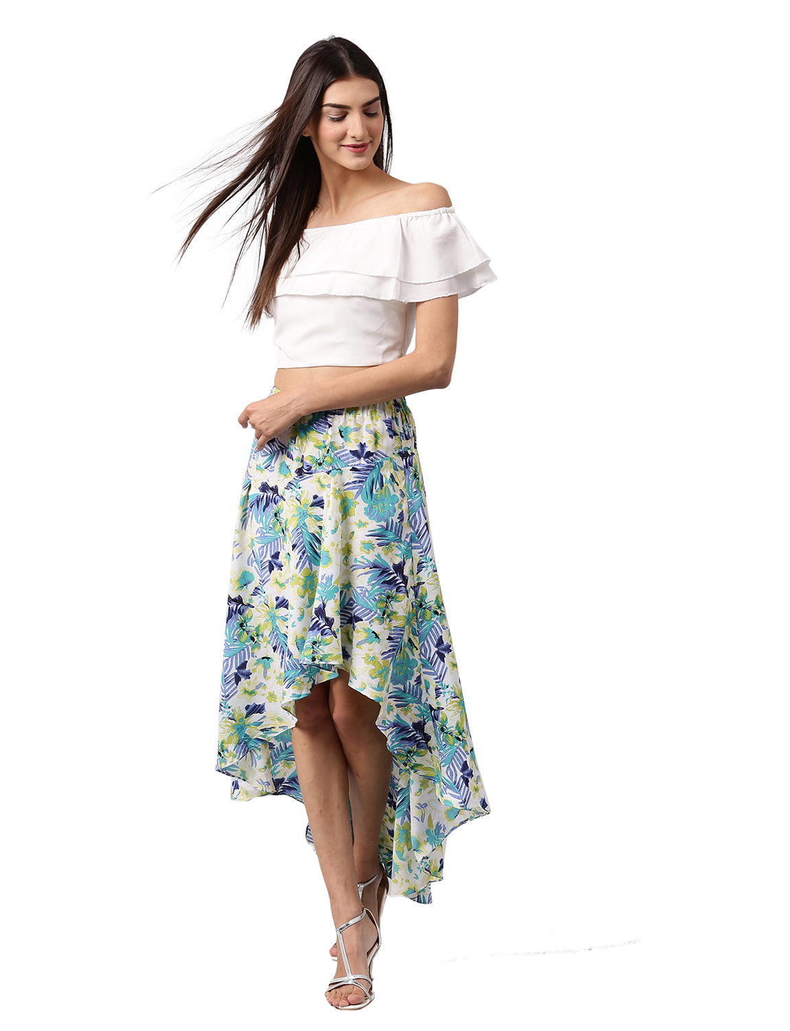 Athena White & Blue Floral Printed Knee-Length Skirt - Athena Lifestyle