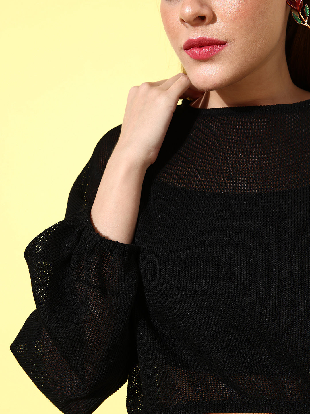 Athena Women Black Crop Woollen Pullover with Fuzzy Detail - Athena Lifestyle