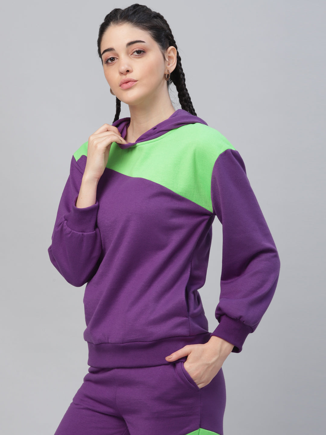 Athena Women Purple & Fluorescent Green Colourblocked Hooded Sweatshirt - Athena Lifestyle