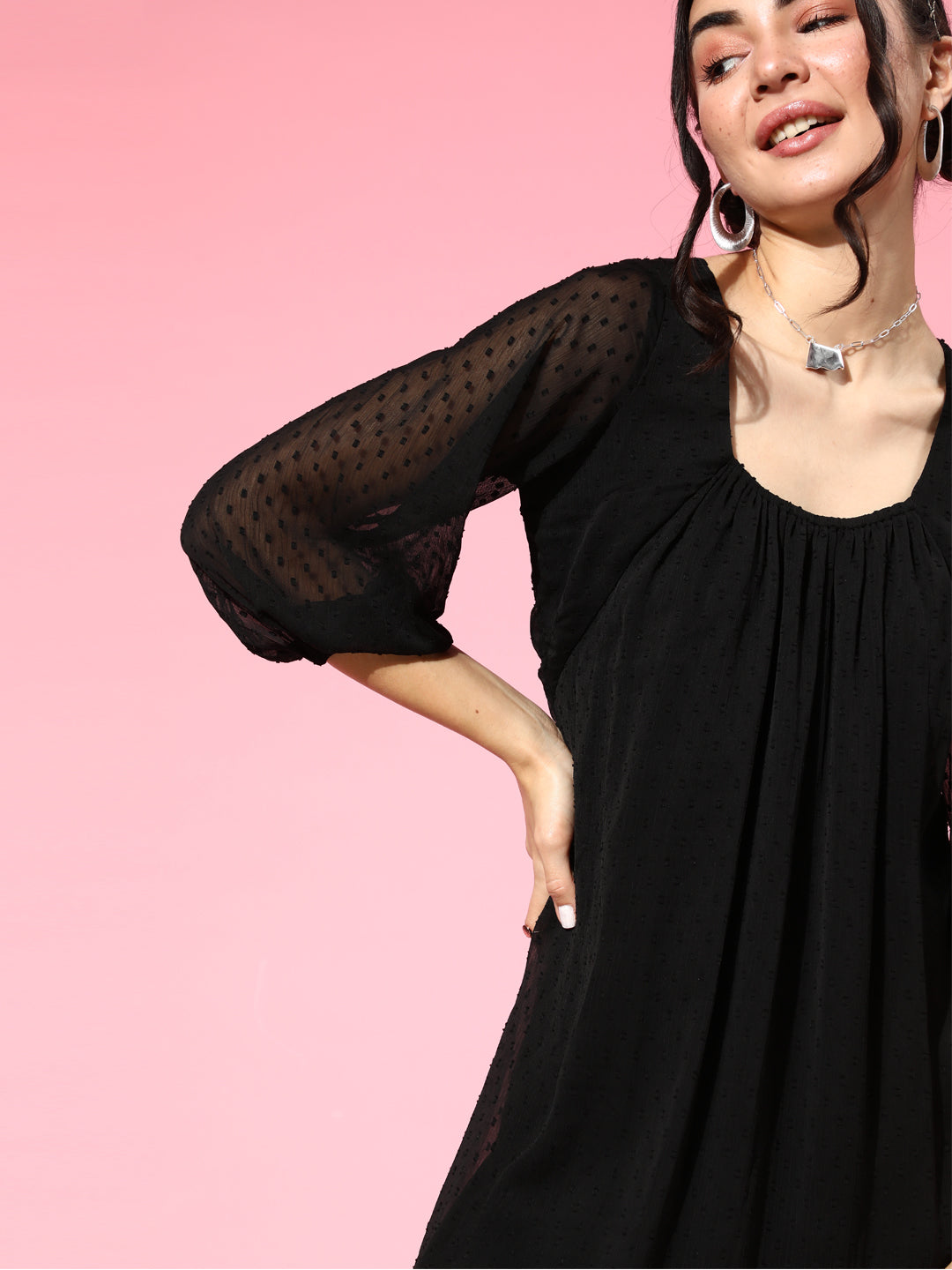 Athena Black Dobby Chiffon Trapeze dress with Backless detail - Athena Lifestyle