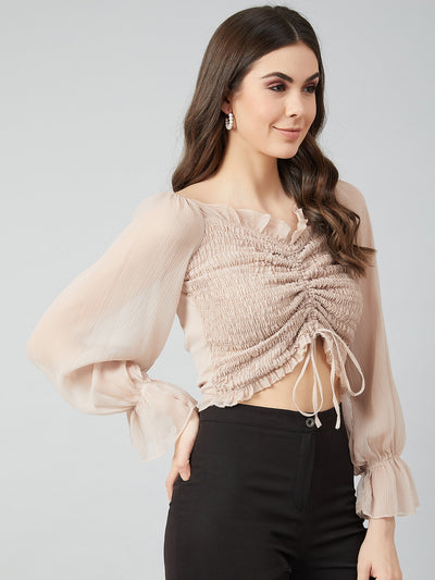 Athena Beige Puff Sleeves Smocked Chiffon Fitted Crop Top - Athena Lifestyle