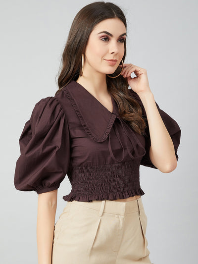 Athena Coffee Brown Tie-Up Neck Puff Sleeves Smocked Pure Cotton Top - Athena Lifestyle