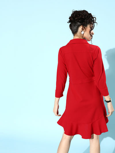 Athena Women Red Solid Collared Fit & Flare Dress - Athena Lifestyle