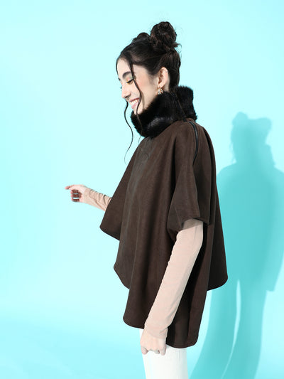 Athena Brown Handkerchief style poncho jacket with Fur neckline - Athena Lifestyle