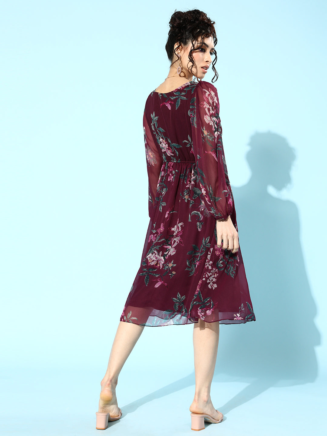 Athena Women Burgundy Floral Print Puff Sleeves Fit & Flare Dress - Athena Lifestyle