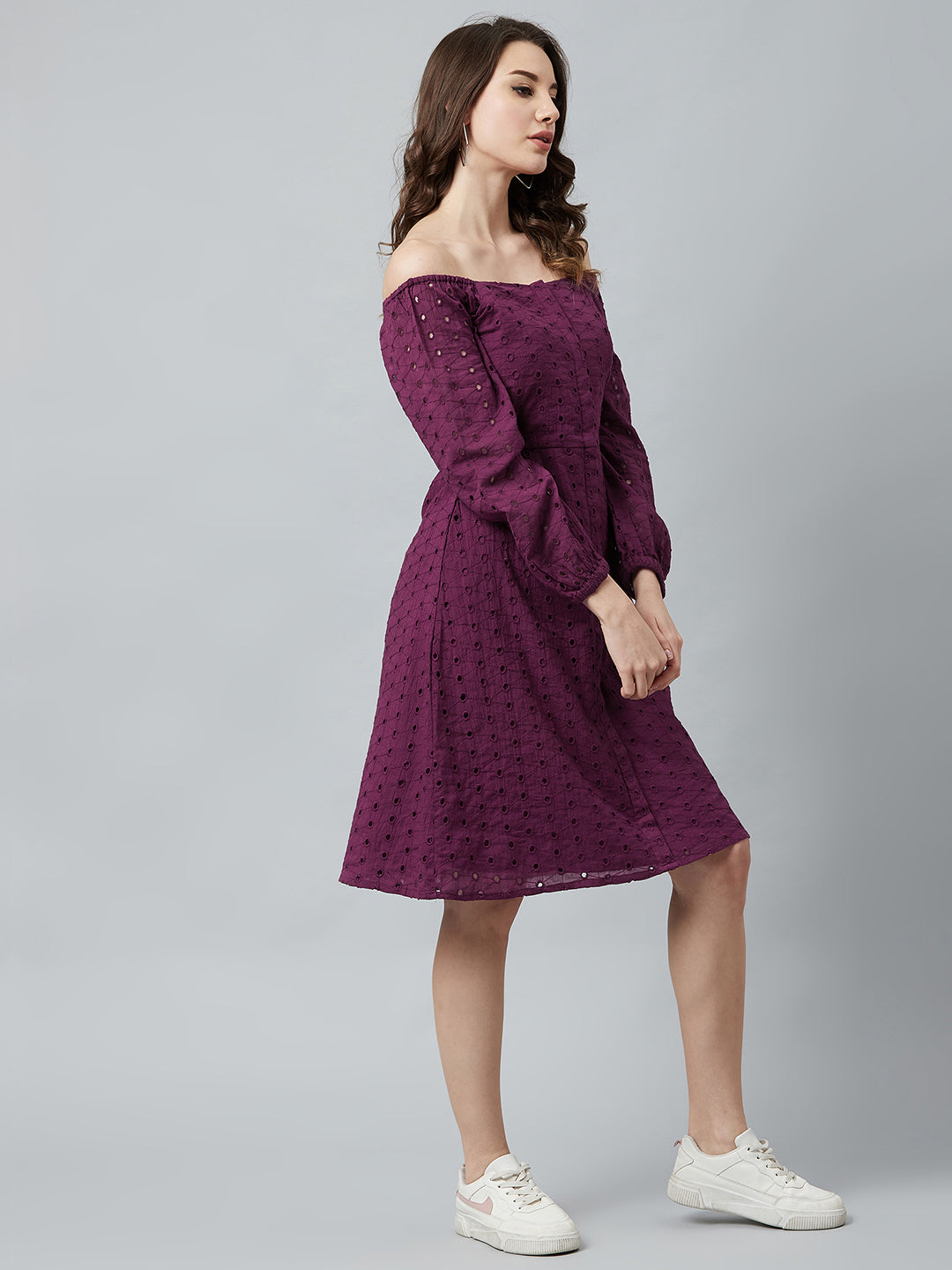 Athena Women Purple Self Design A-Line Dress - Athena Lifestyle