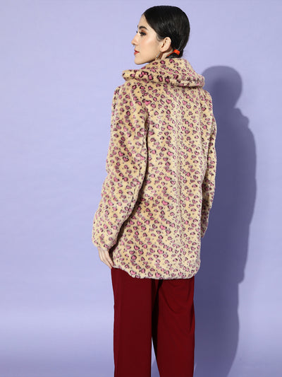 Athena Pink-Beige Animal print Faux Fur Trench Coat with pocket detail - Athena Lifestyle