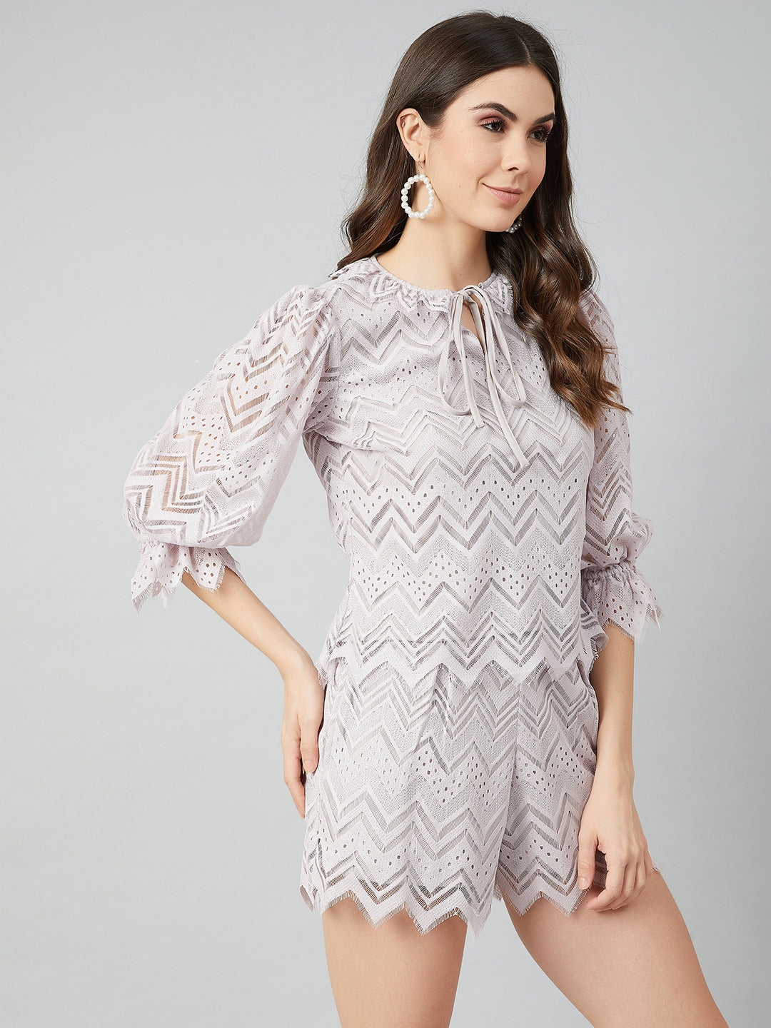 Athena Grey Tie-Up Neck Puff Sleeves Lace Regular Top - Athena Lifestyle