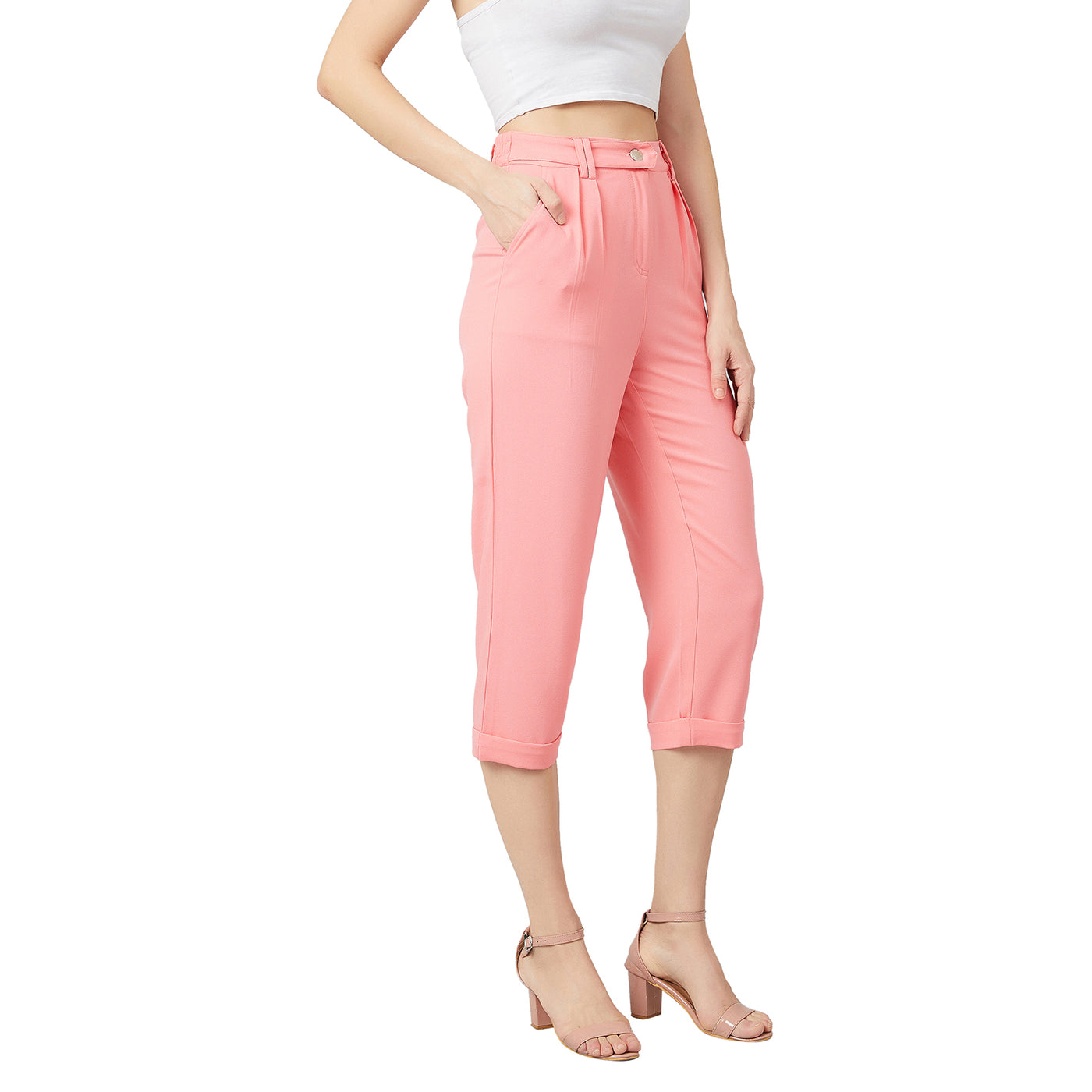 Athena Women Peach-Coloured Loose Fit Solid Regular Trousers - Athena Lifestyle