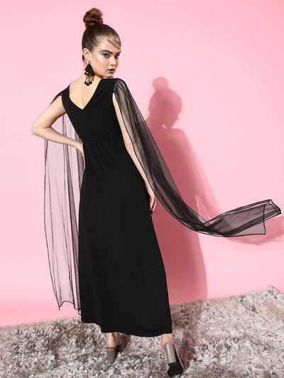 Athena Black & Silver-Coloured Embellished Sequin Cape Sleeves Net Maxi Dress - Athena Lifestyle