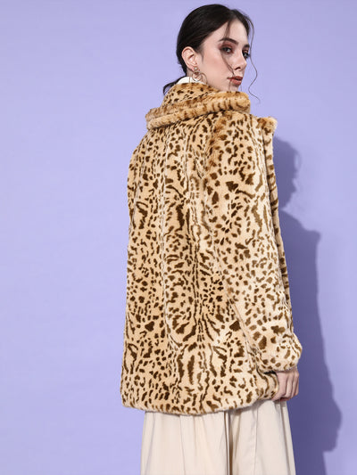 Athena Olive-Tan Animal print Faux Fur Trench Coat with pocket detail - Athena Lifestyle