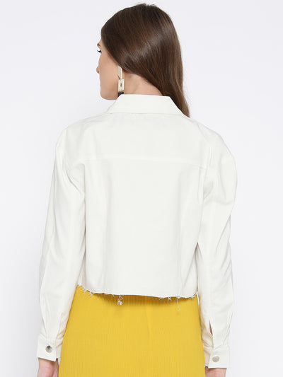 Athena Women White Solid Cropped Denim Jacket - Athena Lifestyle
