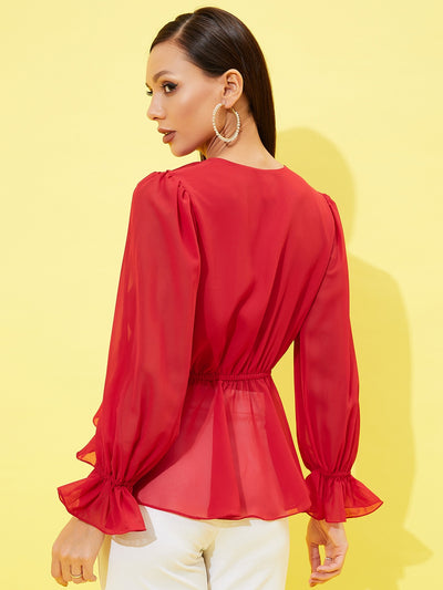 Athena V Neck Ruffles Bell Sleeves Georgette Top - Athena Lifestyle