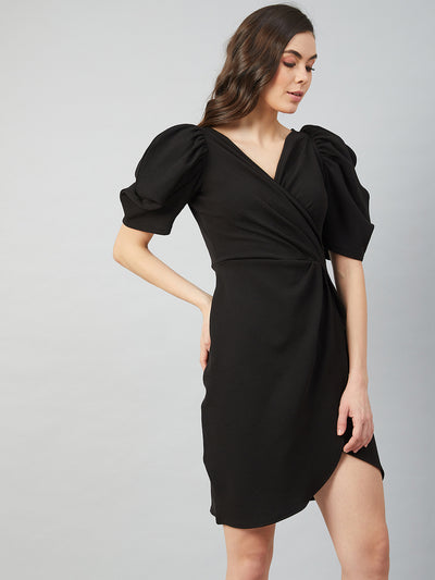 Athena Black Tulip Wrap Dress With Volume Sleeves - Athena Lifestyle
