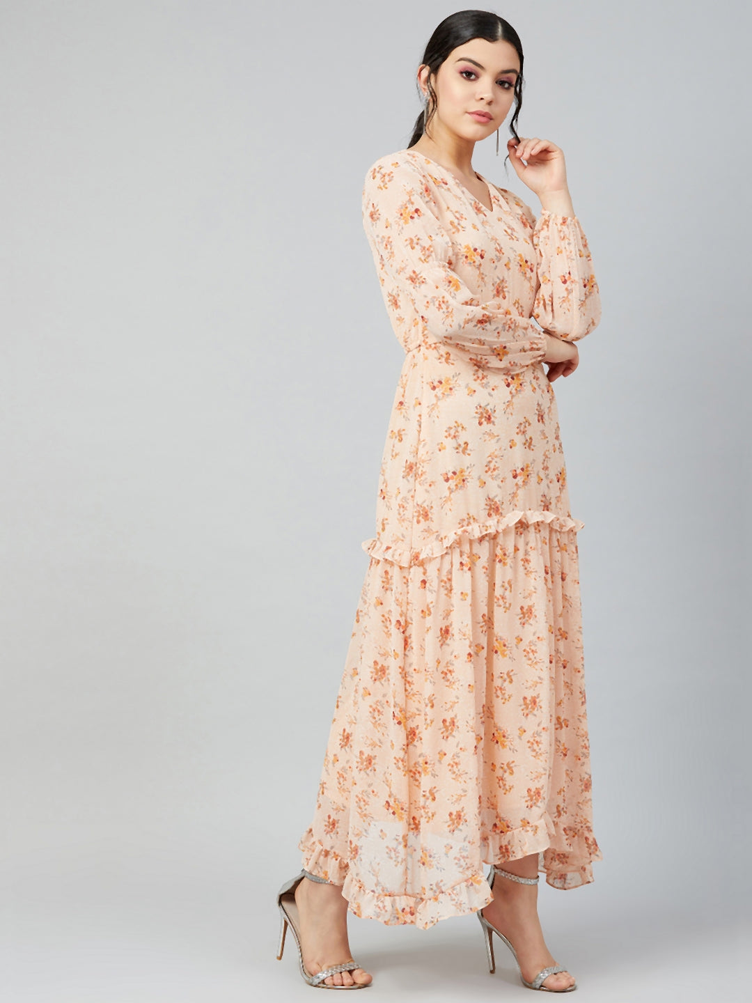 Athena Women Peach-Coloured & Maroon Floral Print Maxi Dress - Athena Lifestyle