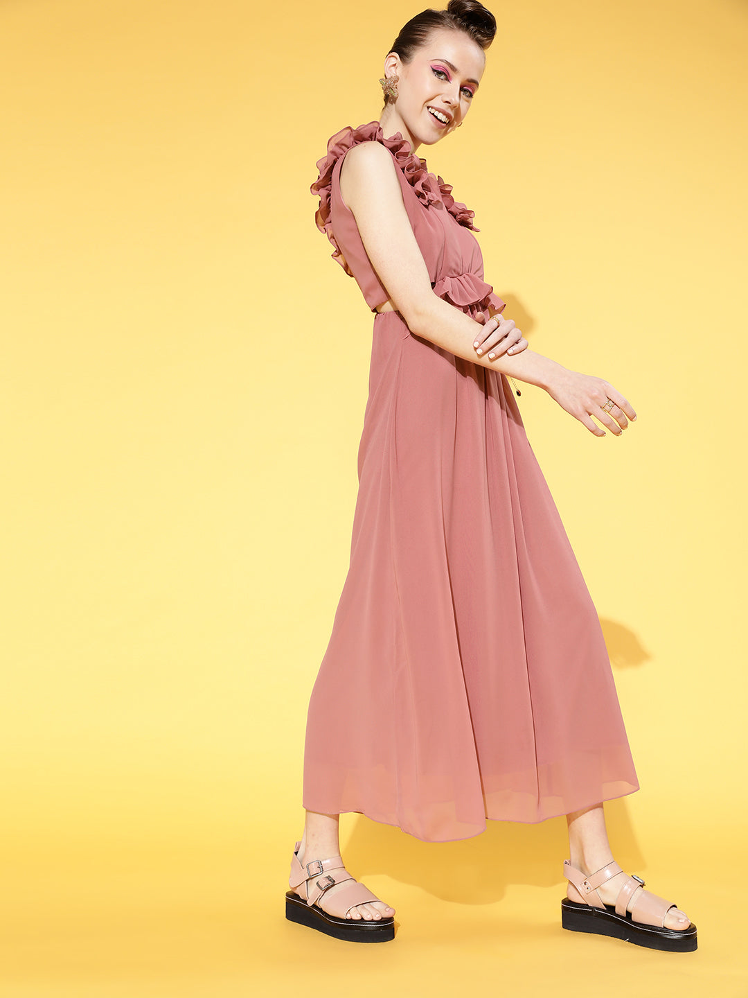 Athena Women Elegant Rose Solid Cut-Out Dress - Athena Lifestyle
