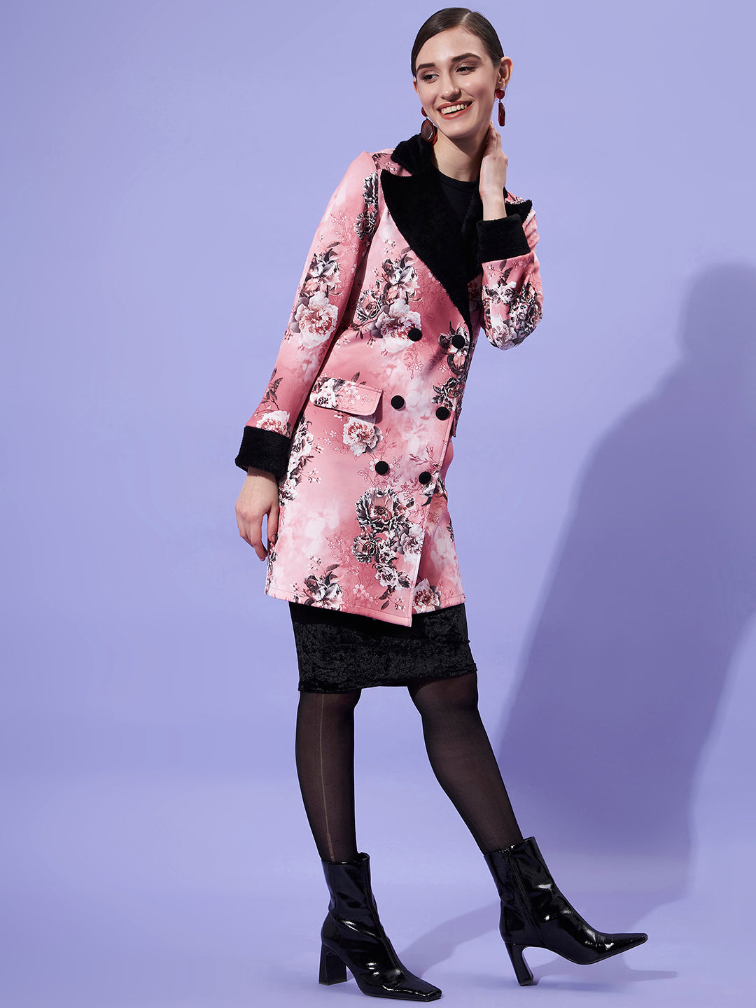 Athena Women Pink Floral Printed Fur Notch Collar OverCoat - Athena Lifestyle