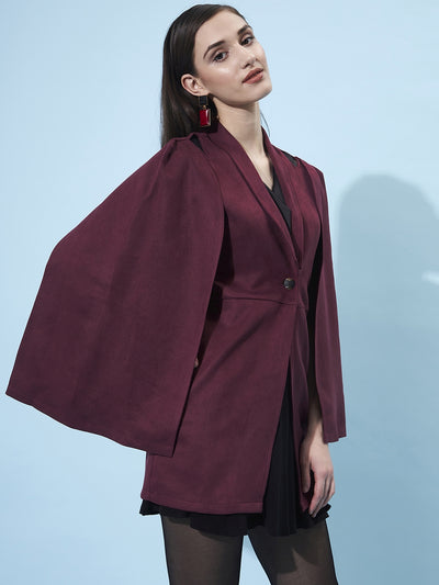 Athena Women Burgundy Shawl Collar Shoulder Cut Out Coat - Athena Lifestyle