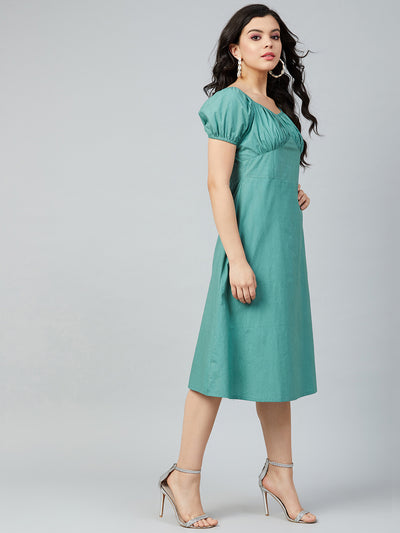 Athena Women Teal Solid Cotton A-Line Dress - Athena Lifestyle